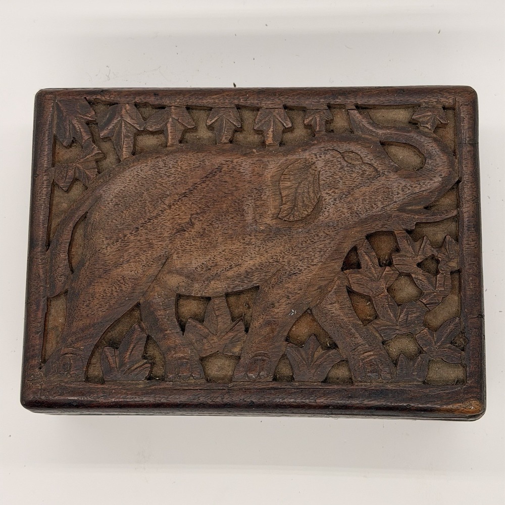 Handmade wood Carved trinket or cigar box. elephant Design Nailed Not Glued